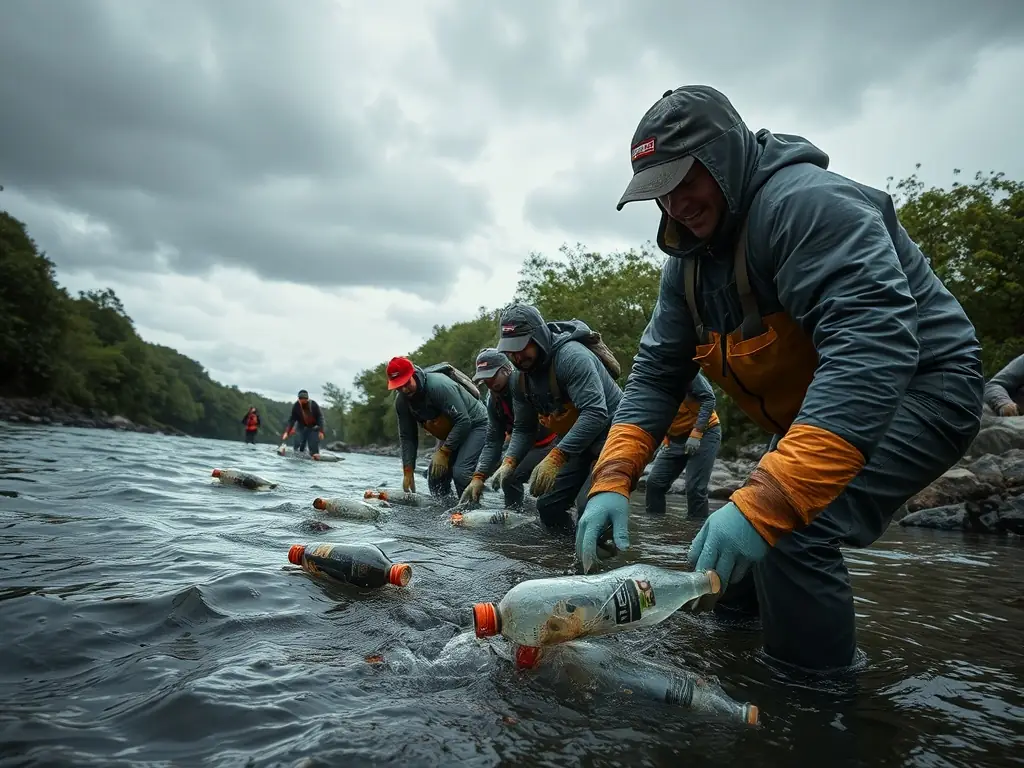 A scenic image of a river cleanup event, with volunteers collecting trash and debris from the waterway, highlighting the importance of pollution control.