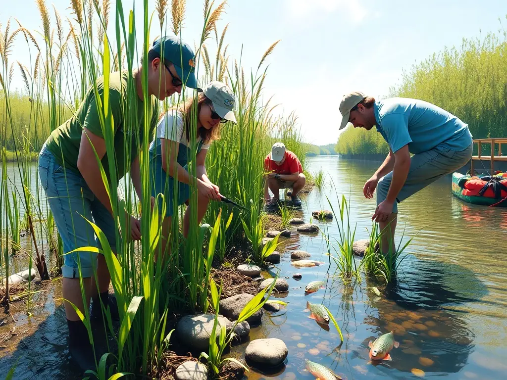 A vibrant image of volunteers planting native aquatic plants along a riverbank, with clear water and healthy fish visible, representing the Aquatic Ecosystem Preservation Program.