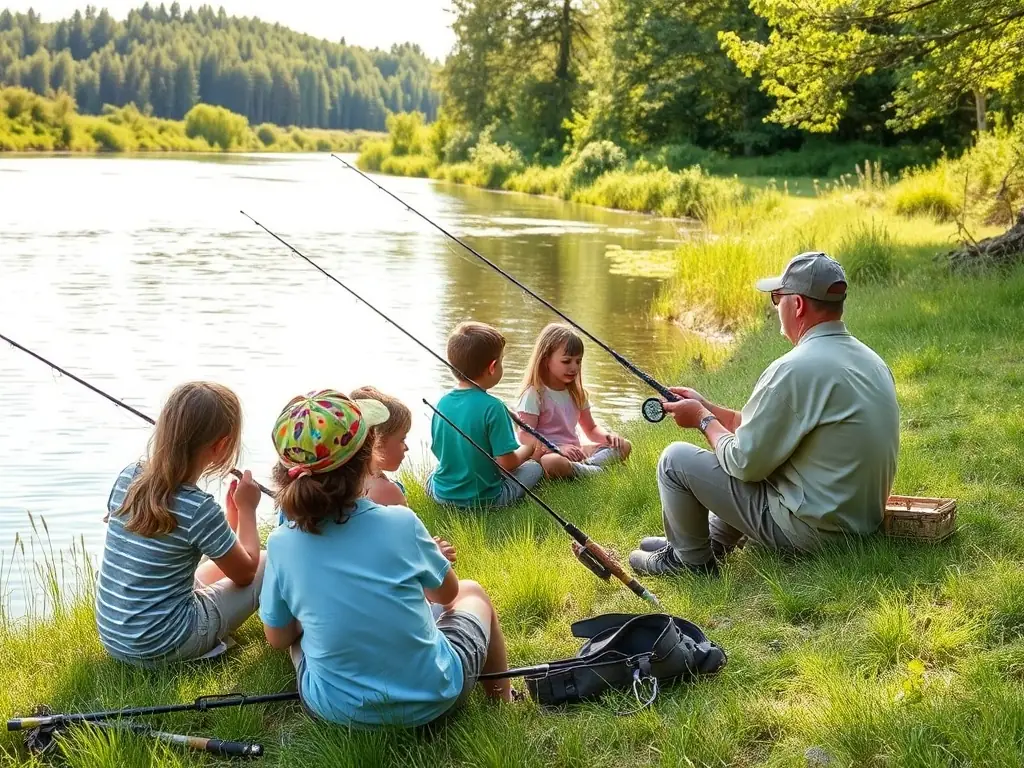 A photograph showcasing a group of children participating in a fishing education workshop, learning about responsible angling techniques and aquatic conservation.