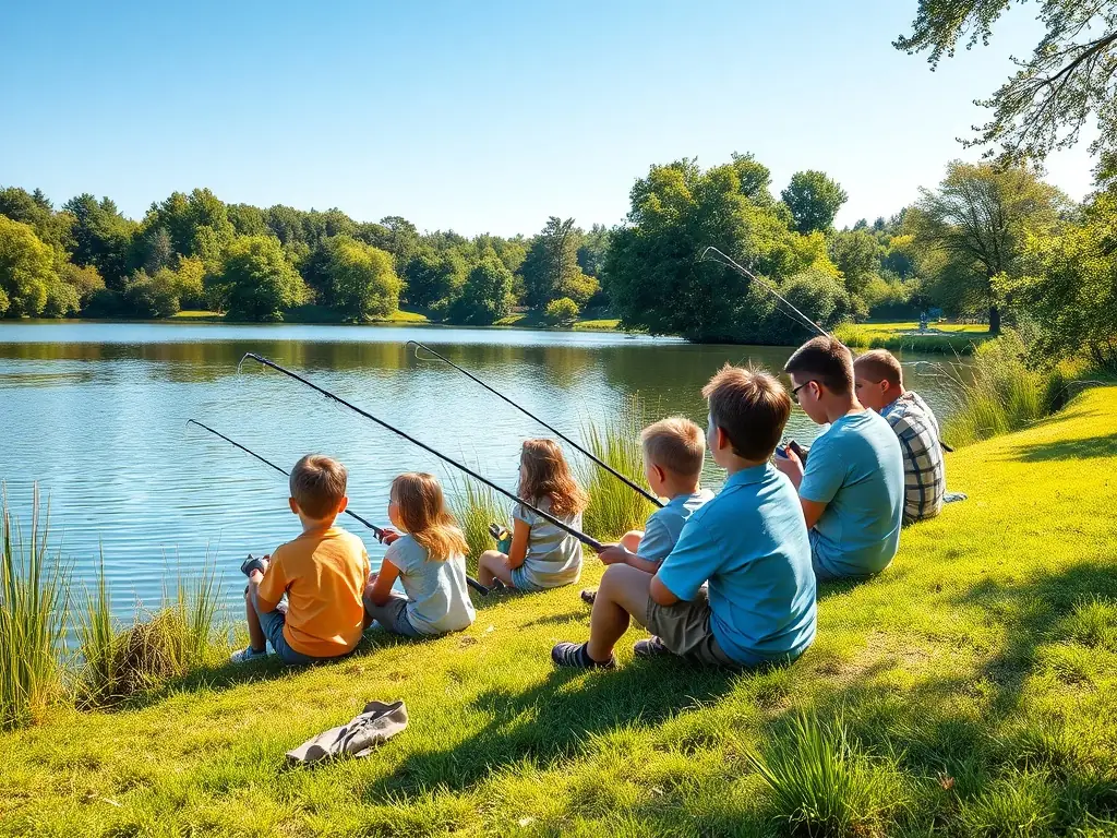 An image of a group of children participating in a fishing education program, learning about responsible angling techniques and the importance of aquatic conservation. The setting is a serene lakeside, emphasizing the connection between fishing and environmental stewardship.