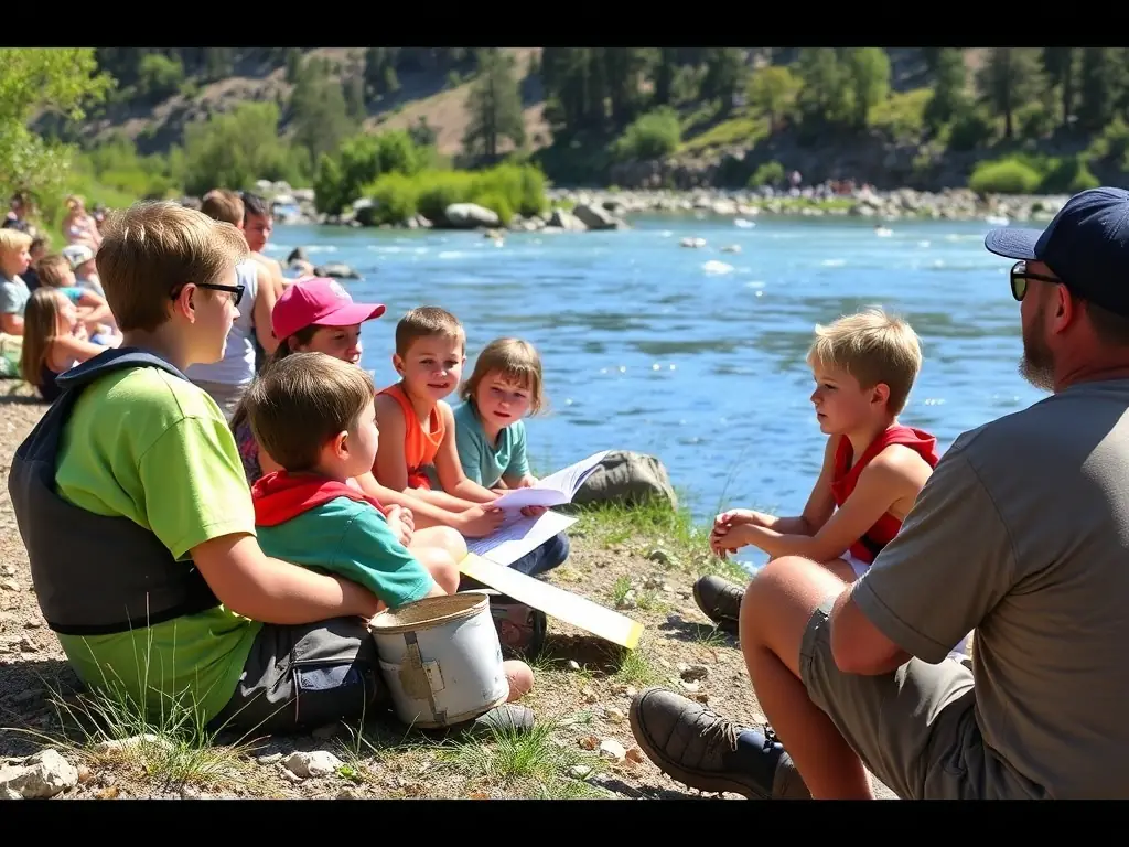 A photo of children participating in a fishing education workshop, learning about responsible angling techniques and the importance of conservation.