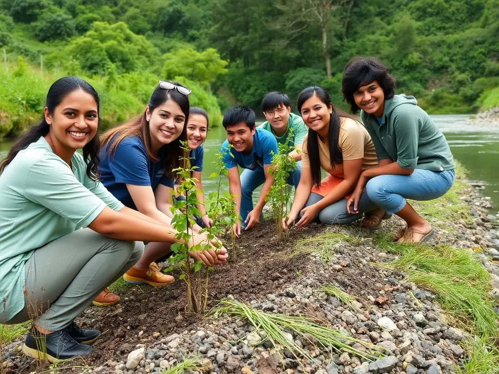 A group of volunteers planting native vegetation along a riverbank to restore habitat for fish and other aquatic wildlife, showcasing the habitat restoration program.