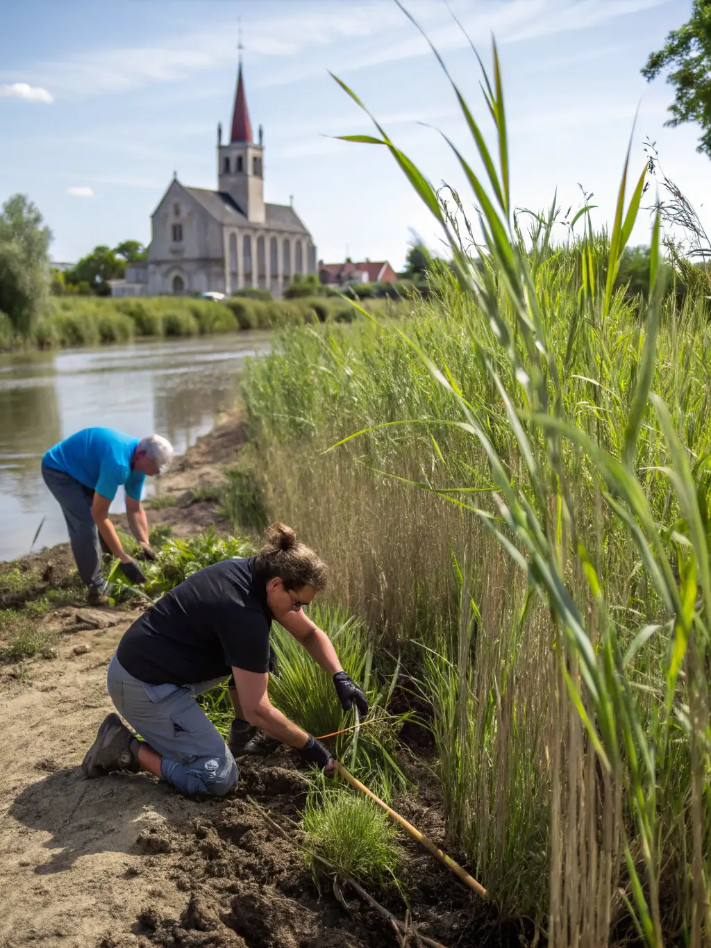 A vibrant photo of volunteers planting native aquatic plants along a riverbank, showcasing habitat restoration efforts.