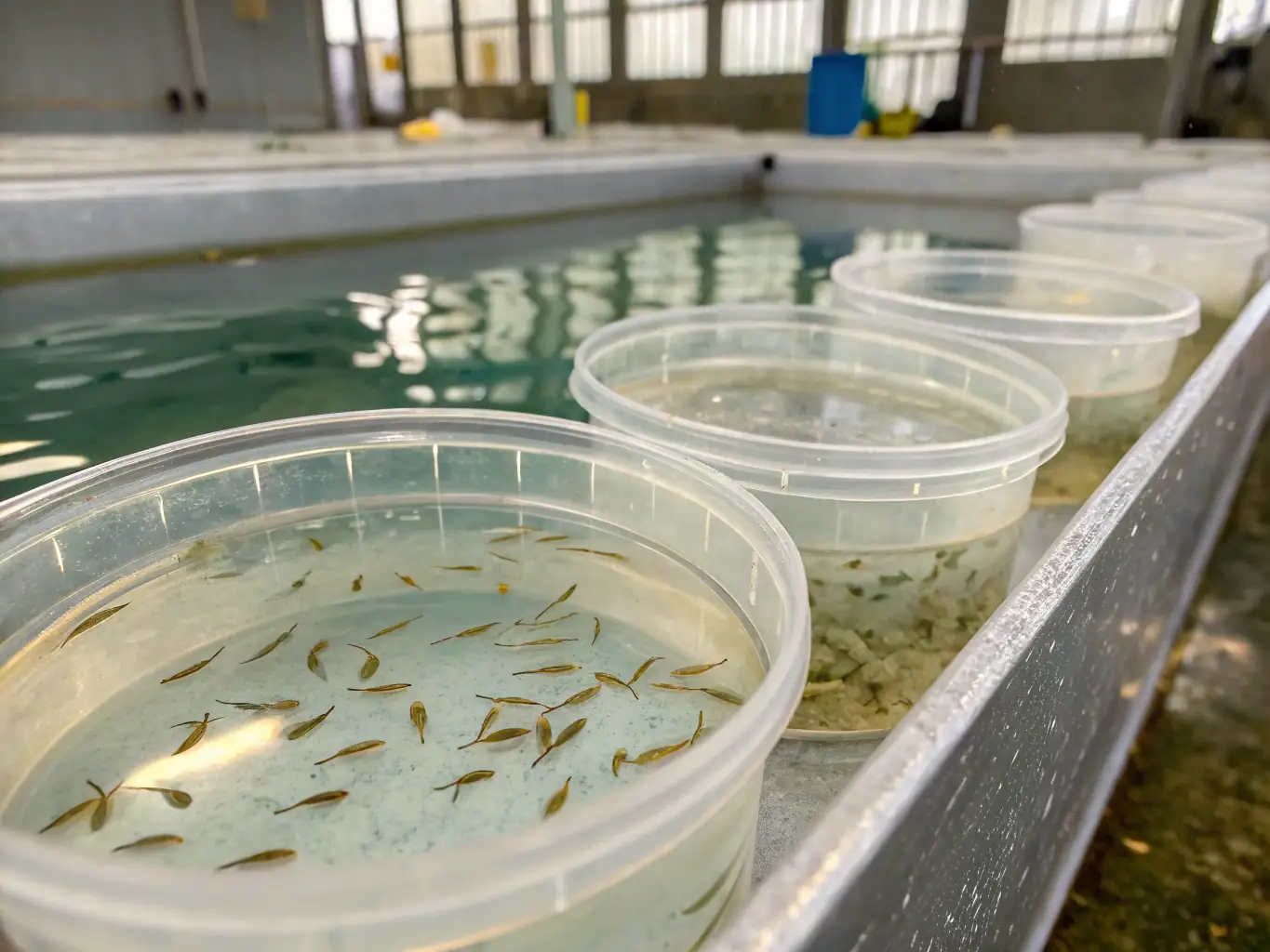 A picturesque image of a fish hatchery, showcasing the process of breeding and raising fish for restocking local rivers and lakes. The image highlights the organization's commitment to enhancing fish populations and supporting sustainable fishing.
