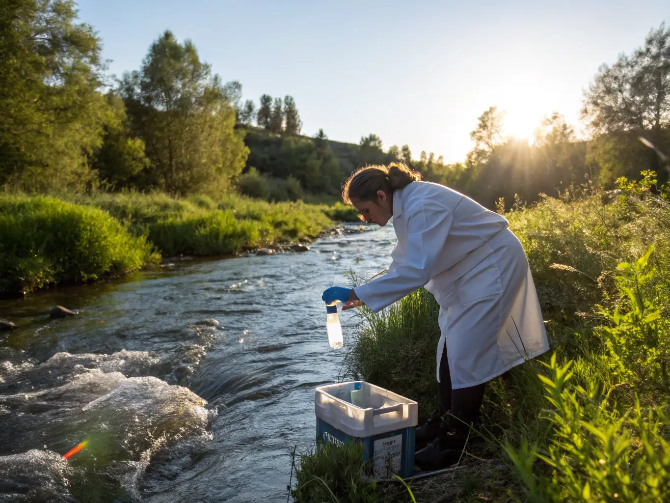 A scientist collecting water samples from a local river to monitor water quality and assess the health of the aquatic ecosystem.