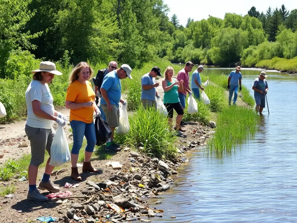 A vibrant image showcasing volunteers participating in a river cleanup, removing debris and restoring the natural habitat along the riverbank. The scene captures the community spirit and the direct impact of the organization's efforts.
