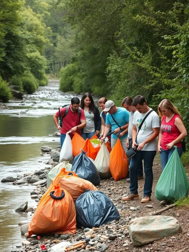 A photo of a community cleanup event along a river, showcasing the organization's efforts to reduce pollution and improve the environment.